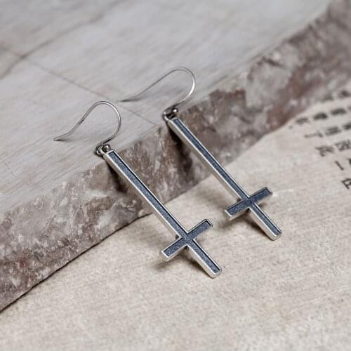 925 Sterling Silver Satan Inverted Cross Drop Earrings Devil Lucifer Satanism Jewelry High Quality
