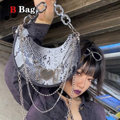 Womens Girl shoulder bag Punk Serpentine Handbag Y2K female underarm Bag Multi layer metal chain Love lock messenger bag Satchel