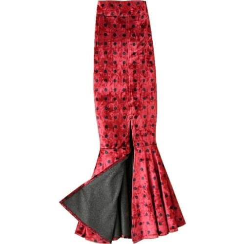 Plus size 4XL!2020 Spring vintage velvet mermaid skirt women polka dot package hip split trumpet skirt