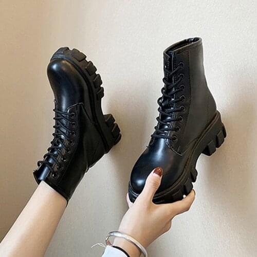 Womens Ankle Boots Platform PU Leather Lace-up Female Footwear Thick Bottom Motorcycle Boots Casual Ladies Shoes Fashion 2021