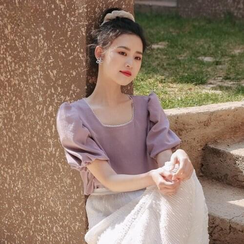 Woman Tshirts Beading Puff Sleeve Fashion Summer Femme Tees Office Lady Short Sleeve Solid Square Collar Loose Female Tops