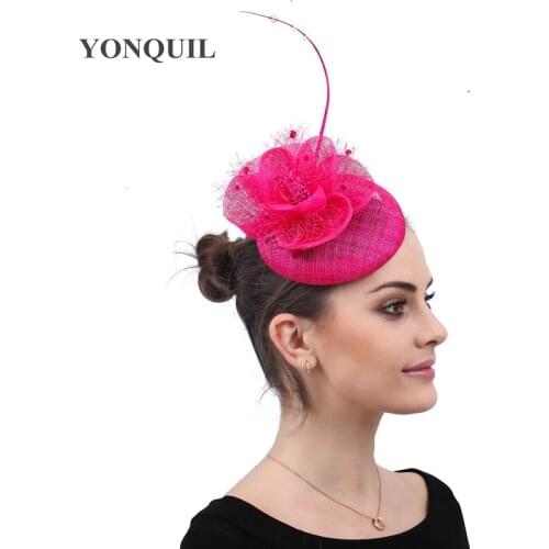 Sinamay Hot Pink Women Wedding Fascinator Headband Hat Elegant Ladies Fedora Hat Formal Dress Church Headpiece With Hair Clips