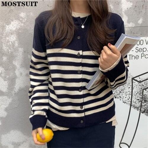 Autumn Vintage Knitted Cardigan Sweater Women Full Sleeve O-neck Single Breasted Loose Korean Jumpers Tops Femme 2021