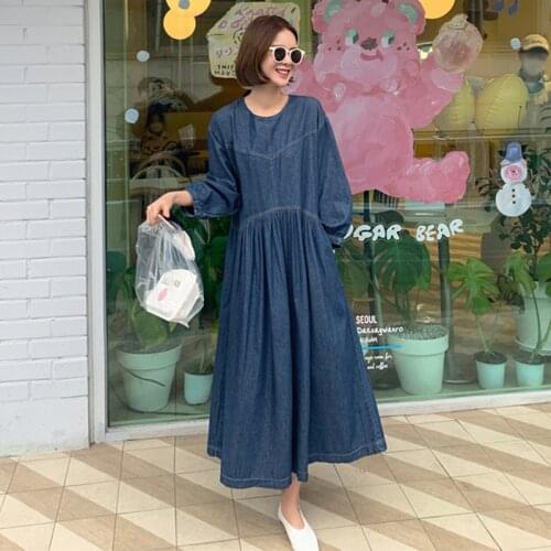 Johnature Spring 2021 New Denim Women Dress Korean Plus Size Solid Color O-neck Full Sleeve Pockets Female Dresses