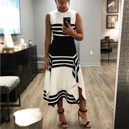 Elegent Women Dresses Stripe Sleeveless Casual Dress Women Round Neck Vestido Midi Party dresses A-Line Sundress tank dress robe
