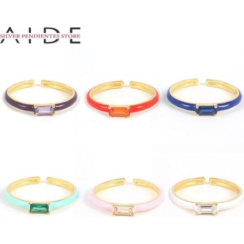 AIDE Adjustable Square Diamond Dripping Open Ring For Women Trend Blue Pink Green Rose Red Rings 925 Sterling Silver Jewelry