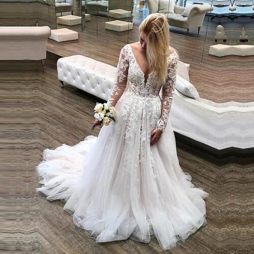 Long Sleeve V-Neck Wedding Dresses Boho 2020 Open Back Lace Tulle Beach Bridal Gowns Princess White Ivory Wedding Gown Plus Size