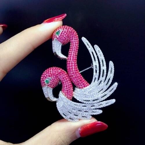 Rose red and white mixed color 925 sterling silver flamingo brooch pins fine women jewelry free shipping