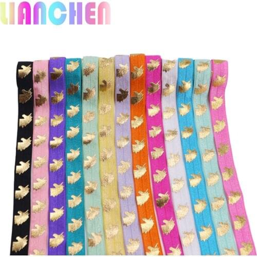 100yard/ lot ,5/8" fold over elastic bands FOE girls hair tie accessories print gold unicorn horn hot sale
