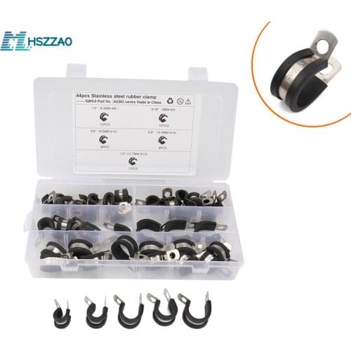 44 Pcs Stainless Steel Rubber Cushion Pipe Clamps Assorted in 5 Size 1/4'' 5/16'' 3/8'' 1/2'' 5/8'', For automobile, ship RV