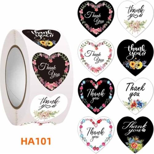 500pcs 2.5cm Heart shape Black Thank you Flower Stickers seal labels scrapbooking for Package stationery sticker label