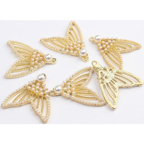 6pcs/lot Charms for Jewelry Making Bulk Fish Tail Golden Zinc Alloy Inlaid Pearl Designer Charms Nickel Free