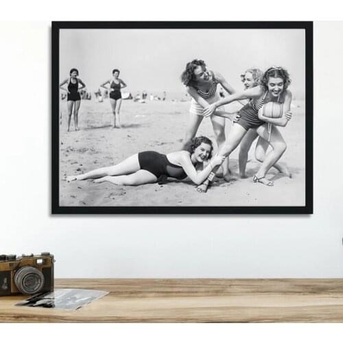 Black and White Vintage Beach Volleyball Photo Canvas Print Women Playing Sports Girls Having Fun Painting Wall Art Decor Poster
