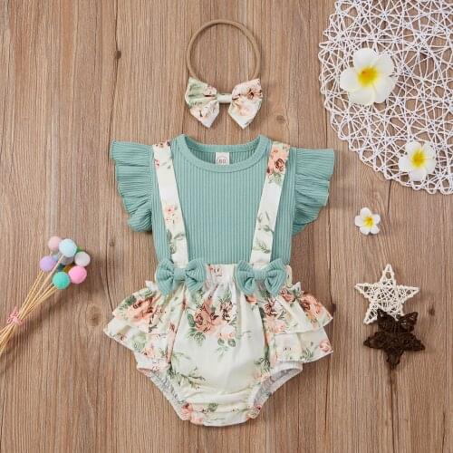 Newborn Kids Baby Girls 3PCS Sets Floral Printed Clothes Cotton T shirt Tops Suspenders Shorts Headband Outfit Set Summer New