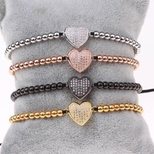 Hot design 4mm stainless steel beads CZ heart charm bracelet women