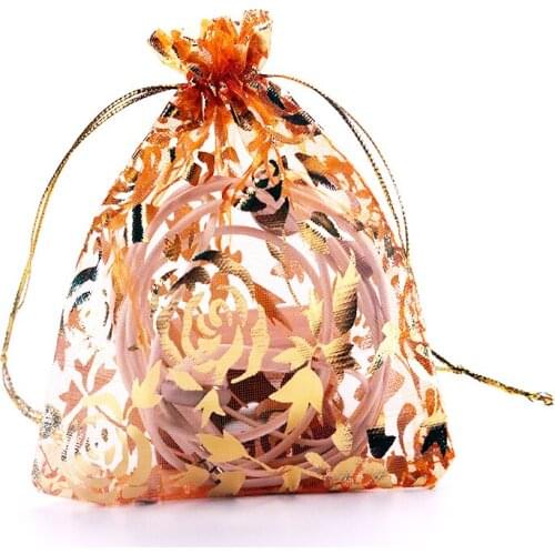 100pcs/lot Small Jewelry Packaging Bags 9x12cm Gold Rose Printed Cheap Drawstring Organza Bag Pouch for Candy Necklace Bracelet