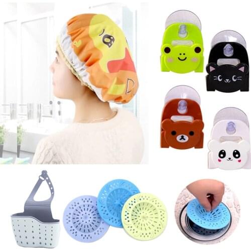 Cartoon Waterproof Bath Hair Caps Hat Wall Hange Hooks for Kitchen Organizer Bathroom Accessories Anti-blocking Sink Strainers