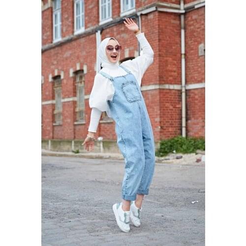 Muslim Tops Pocket Denim Rompers Summer Womens Jumpsuit Islamic Fashion Turkey Dresses For Women Modest Abaya Hijab Dubai