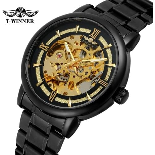 WINNER Top Brand Fashion Casual Men Mechanical Business Blue Full Stainless Steel Thin Skeleton Dial Mens Watches Luxury Clock
