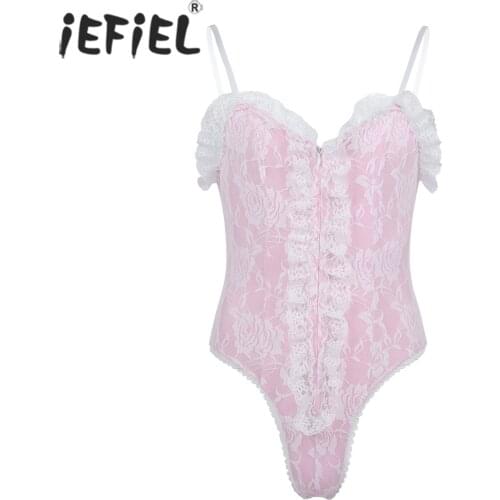 IEFiEL Mens Gay Lingerie Body Suit Straps High Cut Teddies Ruffle Lace Bodysuit Catsuit Sexy Special Nightwear Sissy Clubwear