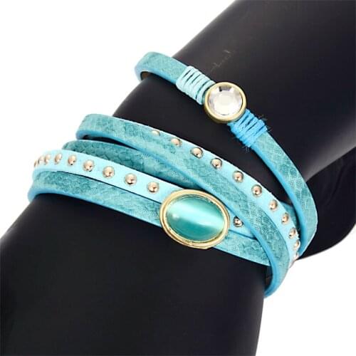 Newest Fashion Women Trendy Rhinestone Set Natural Stone Set Magnet Buckle Wrap Leather Bracelet B1730