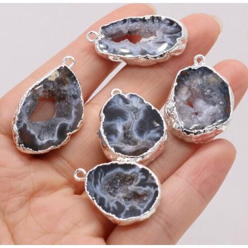 2021 New Natural Semi-precious Stone Black Agate Silver-plated Pendant Handmade Making Fashion Necklace Earrings Jewelry Gift