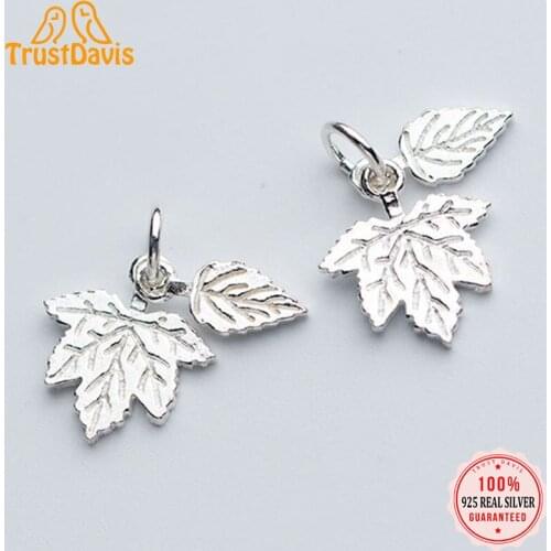 TrustDavis Real 925 Sterling Silver Fashion Sweet Letter Double Maple Leaf Charm Pendant Handmade DIY Accessories Jewelry DZ136