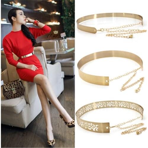Fashion Gold Silver Adjustable Metal Wide Bling Vogue Waistband Plate Ladies Chains Waist Belt Woman Mirror Waistband Dress Belt