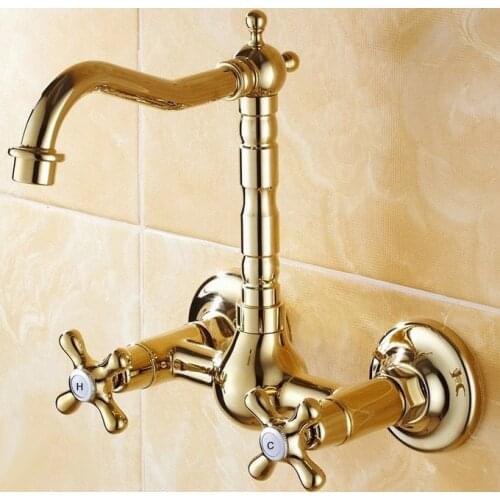 Luxury Polished Golden Brass Wall Mounted Water Tap Basin Kitchen Bathroom Wash Basin Faucet asf101