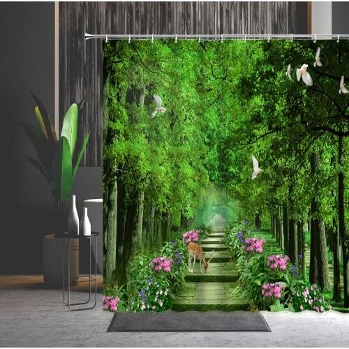 Shower Curtain Forest Flower Bird Deer Natural Landscape 3D Printed Machine Washable Bathroom Partition Bath Curtains With Hooks