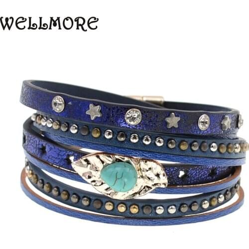 WELLMORE women bracelets 2 Layers Crystal/star/stone leather bracelets charm bracelets for women jewelry wholesale