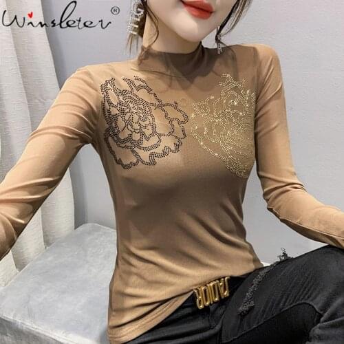 Spring Fall European Clothes Mesh T-Shirt Fashion Sexy Turtleneck Shiny Diamonds Women Tops Long Sleeve Tees New Khaki T18706A