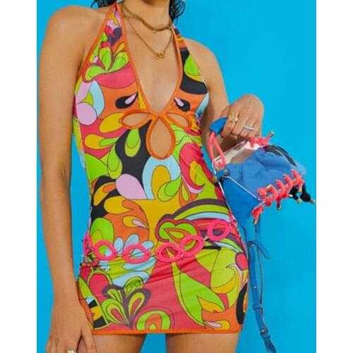 Womens V-neck Dress Abstract Print Hollow Open Back Strapless Halter Neck Tight Skirt Girls Sleeveless Summer2021Y2K Sexy Beach