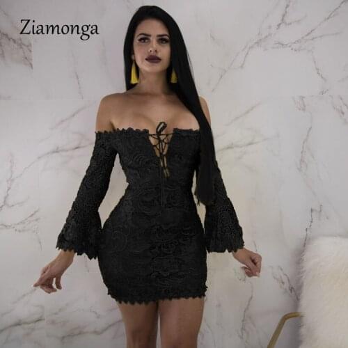 Ziamonga Elegant Women Dress Lace Up Flare Sleeve Sheath Mini Dress Autumn Winter Sexy Party Bandage Dress Lady Short Lace Dress