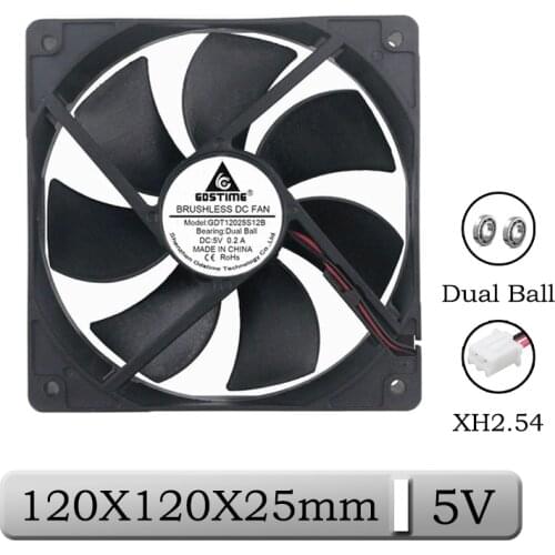 1 Pcs Gdstime DC 5V 120x120x25mm 12cm 0.2A Dual Ball PC Brushless Cooling Fan 120mmX25mm 12025S 120mm 2Pin CPU Case Cooler