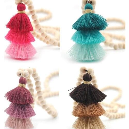 15 Colors Option!! Sandal Wood Beads Long Chain 3 Layers Cotton Tassel Pendant Necklaces for Women Gift Perfect Outfit