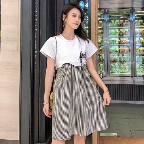 5289# Maternity Clothes Summer Plaid O Neck Patchwork Nursing Dress Lactation Cotton Stylish Dress Pregnant Women Mom Dress