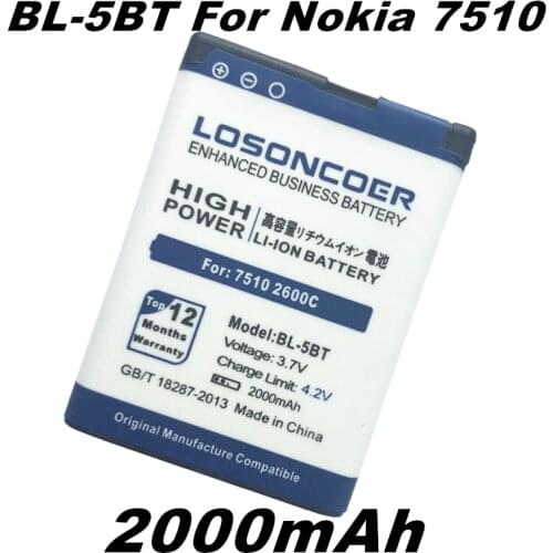 LOSONCOER 2000mah BL-5BT BP / 5BT Battery for Nokia 7510 2600c 2608 7510A N75 Cell Phone Battery + Tracking Number