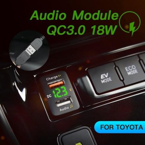 QC3.0 18W Quick Charge Dual Port USB Car Charger with Audio Socket for Toyota Series Voltmeter USB Adapter Charging for Mobile