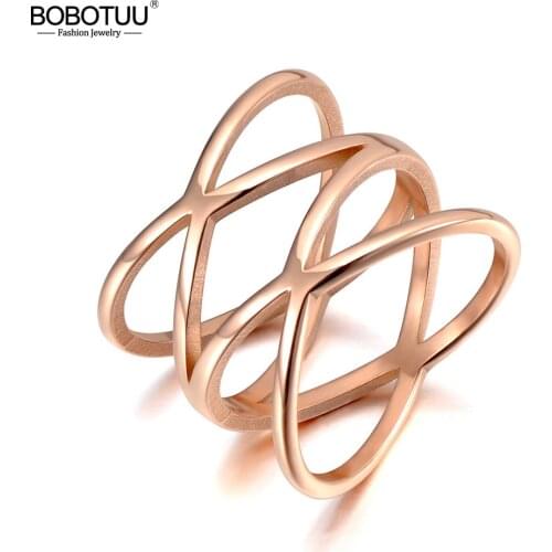 BOBOTUU Hiphop/Rock Titanium Stainless Steel Double X Shape Ring Jewelry Rose Gold Bohemia Holiday Beach Ring For Women BR20026
