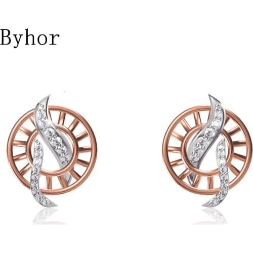 Byhor Solid 14K White/Yellow+White/Rose+White Gold 0.198ct H/SI Natural Diamond Stud Earrings Women Cерьги Fine Jewelry сережки