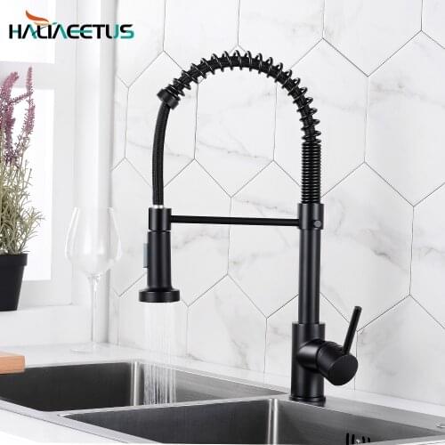 Black Spring Style Kitchen Faucet Deck Mounted 360 Degree Rotation Sink Tap Hot And Cold Mixer Pull Down Sprayer Nozzle Faucets
