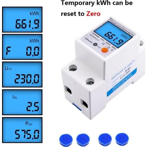 Digital Wattmeter AC Power Energy Meter Din Rail KWH Voltage Current Meter Backlight with Reset Function 220V/230V 5(80)A