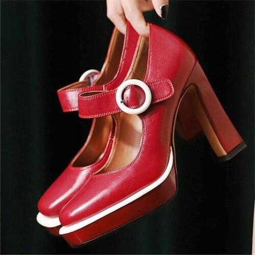 Elegant Mary Janes Womens Cow Leather Platform High Heels Party Pumps Boots Block Wedding Nightclub Shoes 34 35 36 37 38 39
