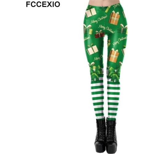 FCCEXIO Christmas Tree Print Leggings Women Fashion New Year Pants Carnival Gift Female Workout Leggins Elastic Slim Legins Xmas