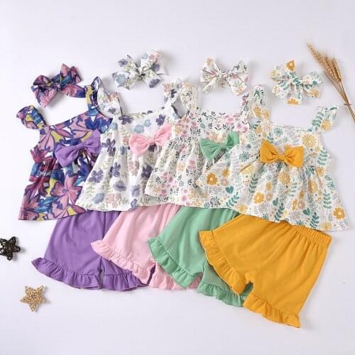 FOCUSNORM 0-3Y Lovely Infant Girls Clothes Sets 3pcs Flowers Printed Ruffles Fly Sleeve Tops Shorts Headband 3 Colors