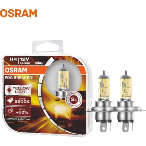 OSRAM Halogen Fog Lamp H4 Fog Breaker Auto Headlight Yellow Color Car Bulb 60% More Bright 62193FBR 12V60/55W 2600K (2X)
