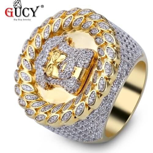 GUCY Hip Hop Ring Micro Pave Cubic Zircon Jesus Ring All Iced Out Gold Color Plated Personality Fashion Jewelry For Men