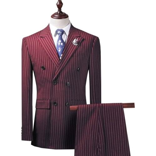 SOLOVEDRESS Burgundy Mens Suit 2-Piece Pinstriped Tuxedo Notched Lapel Slim Groom Wedding Office Meeting (Blazer + Pants)