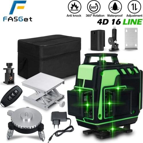 FASGet 16 Line Laser Level 4D Powerful Green Light Remote Control Horizontal Vertical Self-Leveling System Wall Attachment Frame